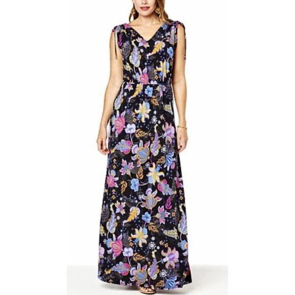IMAN Global Chic Drapey Tiered Pink Purple Floral Maxi Dress Large - Picture 4 of 4